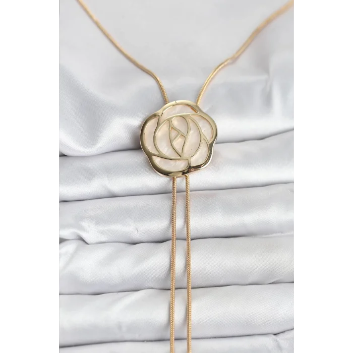 Pirinç Gold Renk Gül Model Asansörlü Kadın Kolye