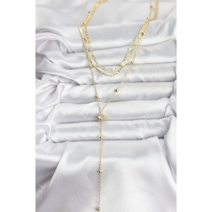 Pirinç Gold Renk Güneş Model Detaylı 3lü Kombin Y Kadın Kolye