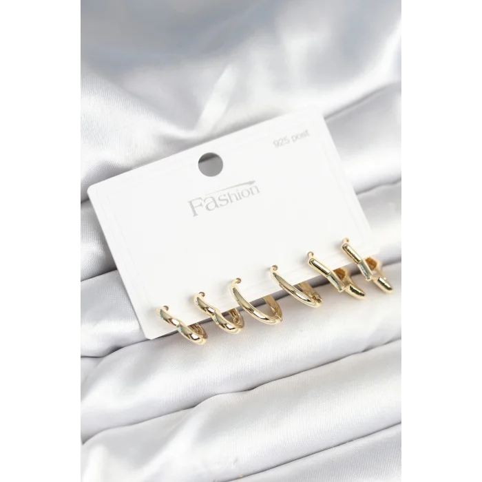 Pirinç Gold Renk Kalp Yıldız ve Halka Model 925 Ayar Gümüş Çivili Kadın Küpe Seti