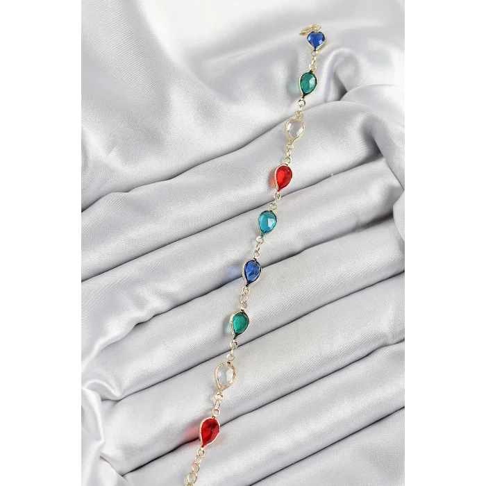 Pirinç Gold Renk Karışık Renk Damla Zirkon Taşlı Kadın Bileklik