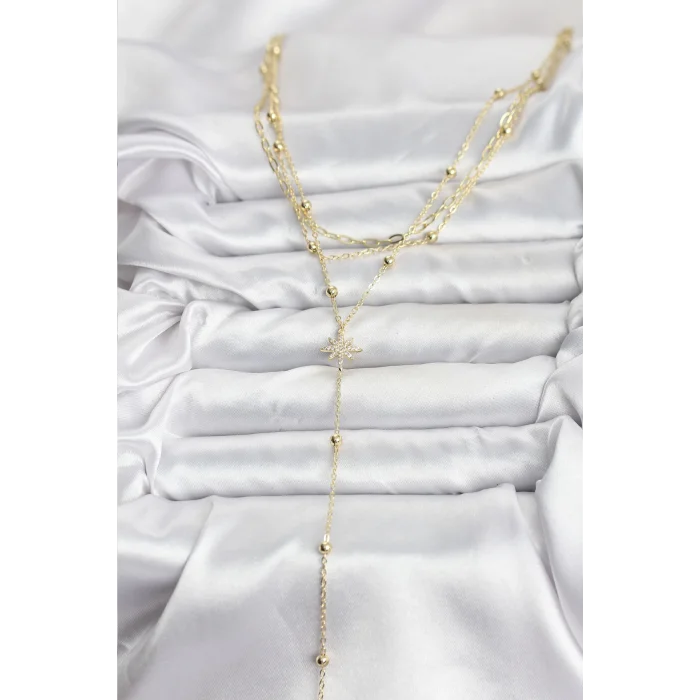 Pirinç Gold Renk Kutup Yıldızı Detaylı 3lü Kombin Kadın Kolye