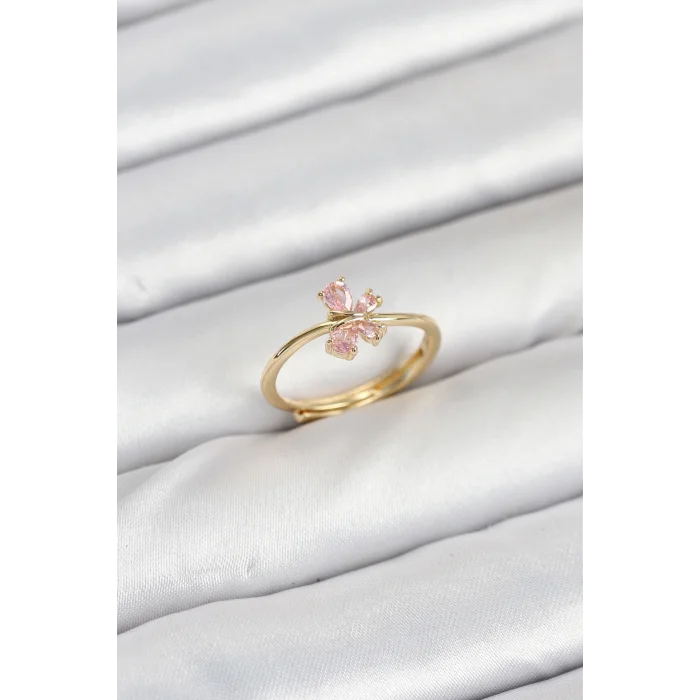 Pirinç Gold Renk Pembe Kelebek Kadın Yüzük