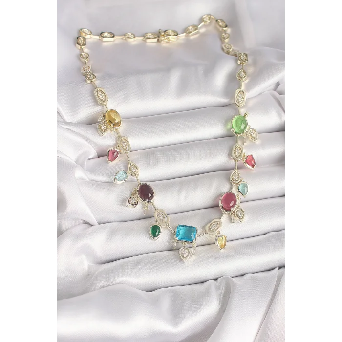 Pirinç Gold Renk Renli Zirkon Taşlı VIP Seri Kadın Kolye