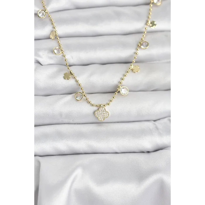 Pirinç Gold Renk Yonca Model Kadın Kolye