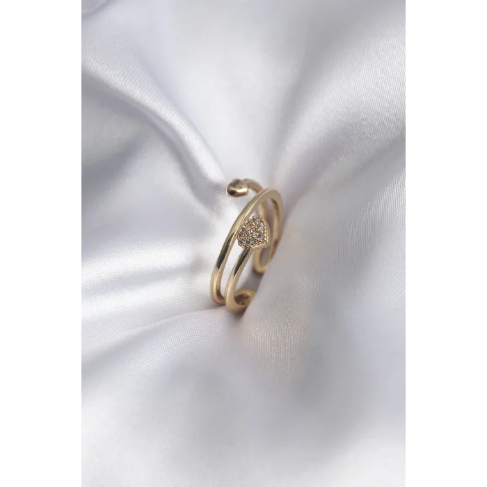 Pirinç Gold Renk Zirkon Taş Detay Kalp Model Kadın Yüzük