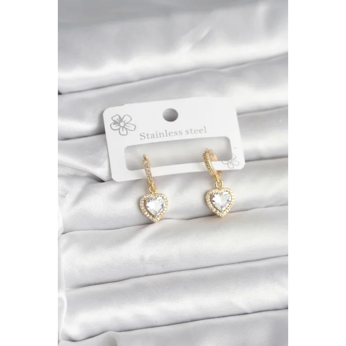 Pirinç Gold Renk Zirkon Taşlı Kalp Model Kadın Küpe