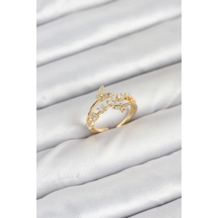 Pirinç Gold Renk Zirkon Taşlı Kelebek Model Kadın Yüzük