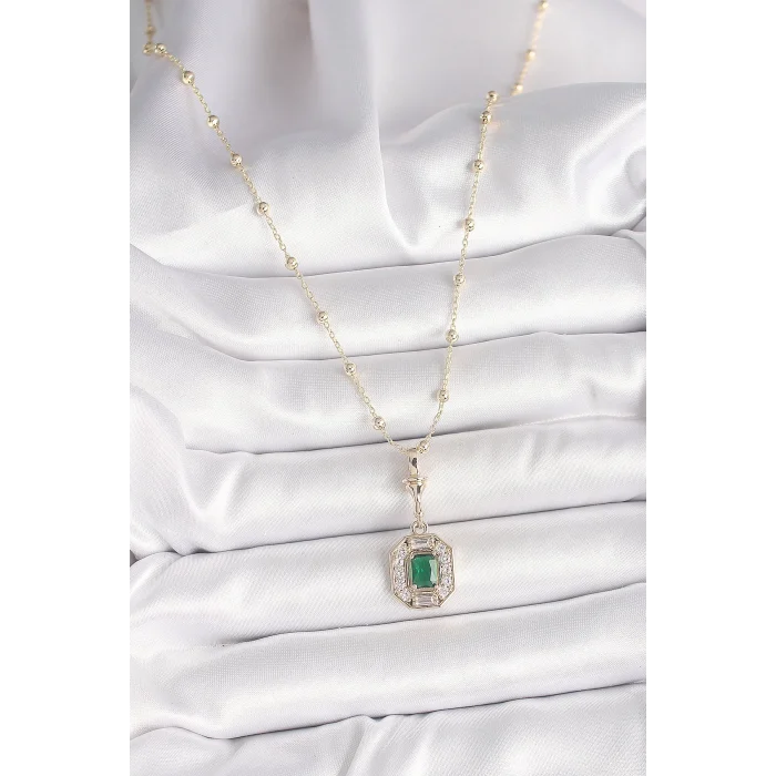 Pirinç Gold Renk Zirkon Taşlı Topçuk Zincir Serenay Model Kadın Kolye