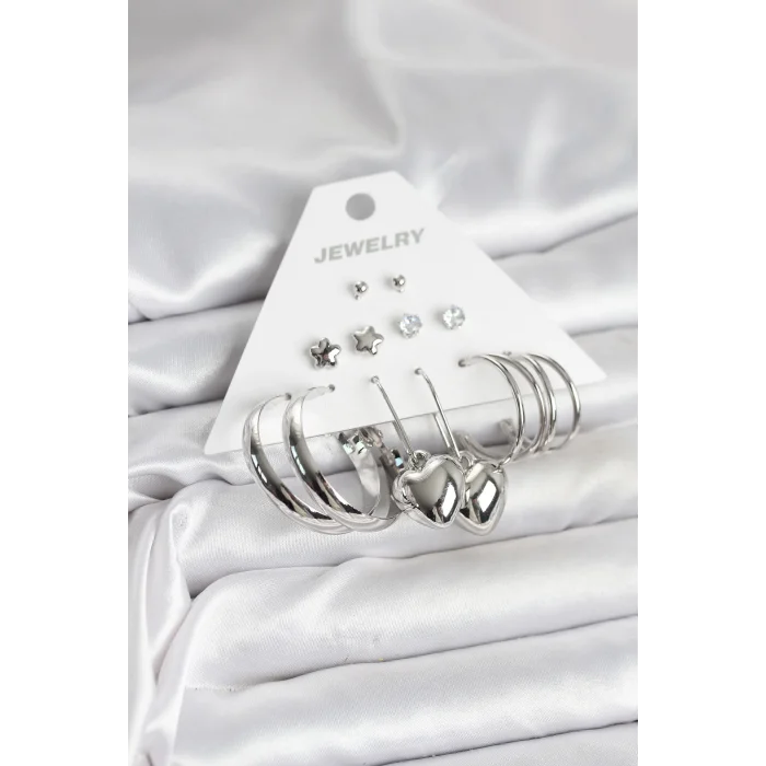 Pirinç Gümüş Renk 6 Çift Kadın Küpe Seti