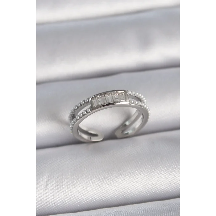 Pirinç Gümüş Renk Ayarlanabilir Sıralı İncili Zirkon Taşlı Kadın Yüzük