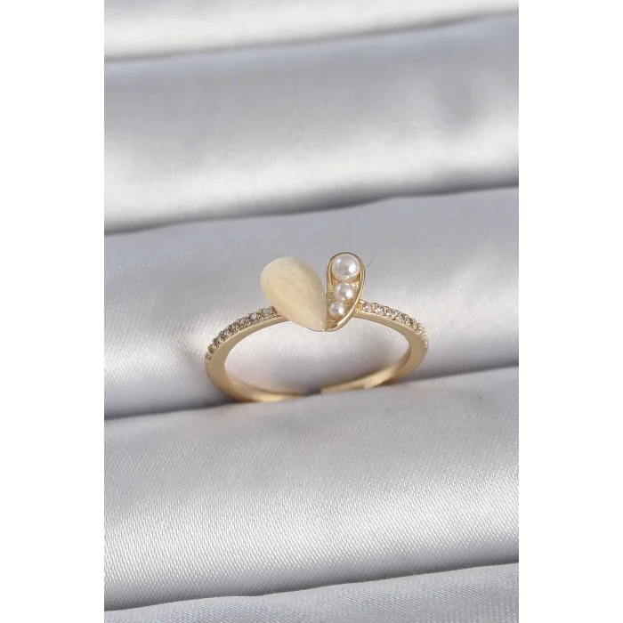 Pirinç Gümüş Renk Ayarlanabilir Zirkon Taşlı Beyaz Mineli Kalp Model Kadın Yüzük