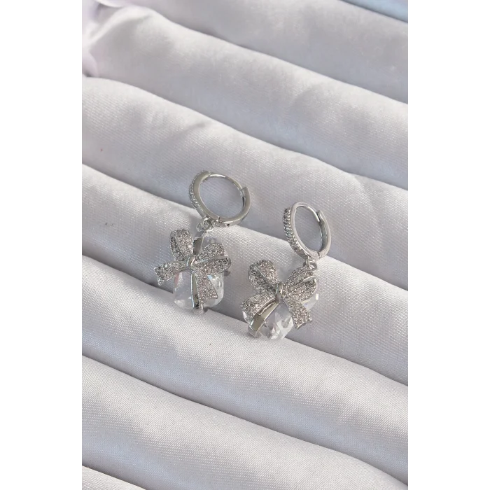 Pirinç Gümüş Renk İri Zirkon Taşlı Fiyonk Model Halka Küpe