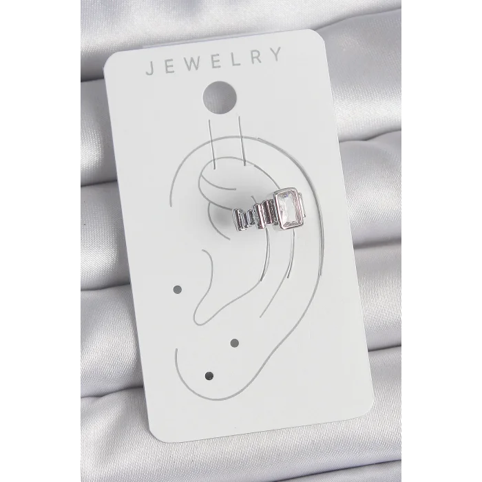 Pirinç Gümüş Renk Kare Zirkon Taşlı Kadın Kıkırdak Model Küpe