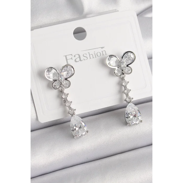 Pirinç Gümüş Renk Kelebek Model Sallantı Damla Zirkon Taşlı Kadın Küpe