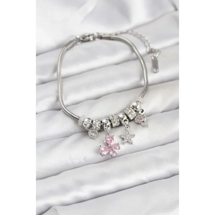 Pirinç Gümüş Renk Pembe Kelebek Charmlı Kadın Bileklik