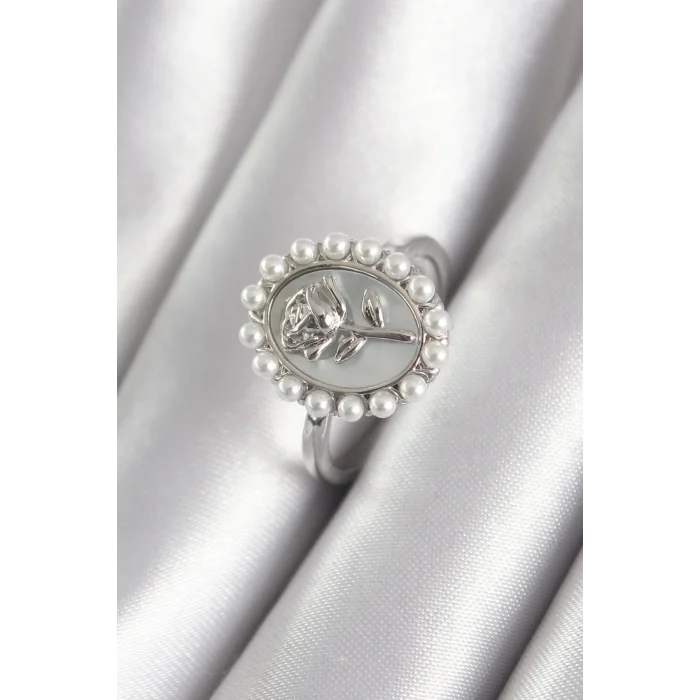 Pirinç Gümüş Renk Portre Gül Model İnci Detay Kadın Yüzük