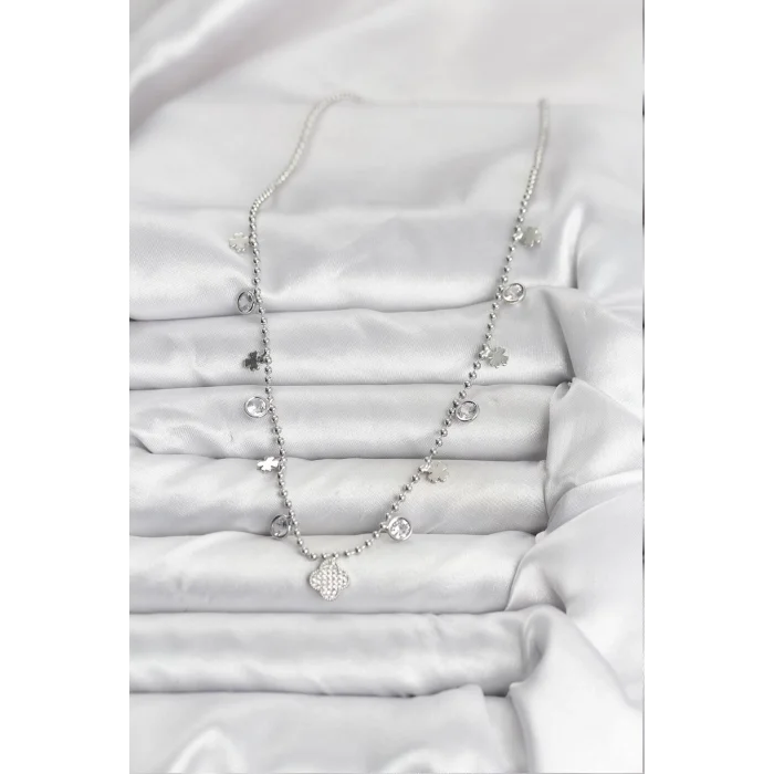 Pirinç Gümüş Renk Yonca Model Kadın Kolye