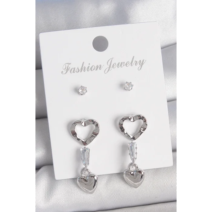 Pirinç Gümüş Renk Zirkon Taş Detaylı Sallantı Model 2 Çift Kadın Küpe Seti