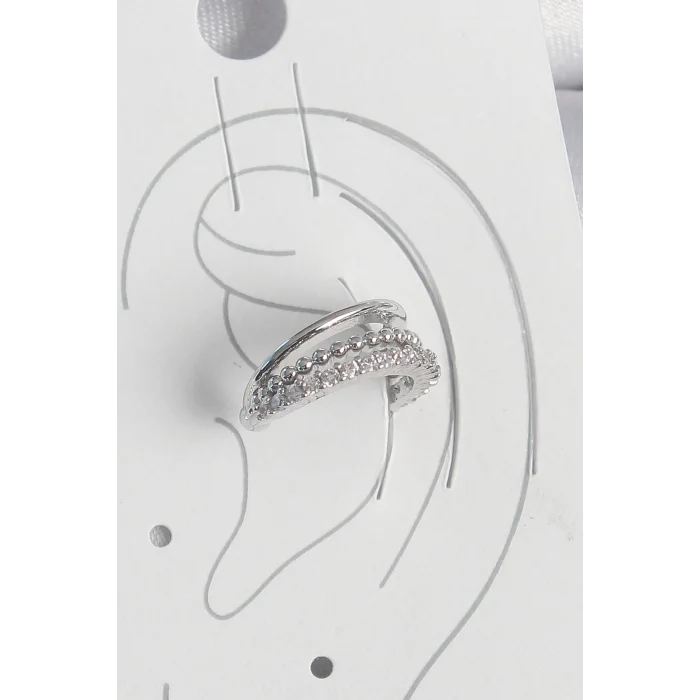 Pirinç Gümüş Renk Zirkon Taşlı 3Lü Sıralı Kadın Kıkırdak Küpe