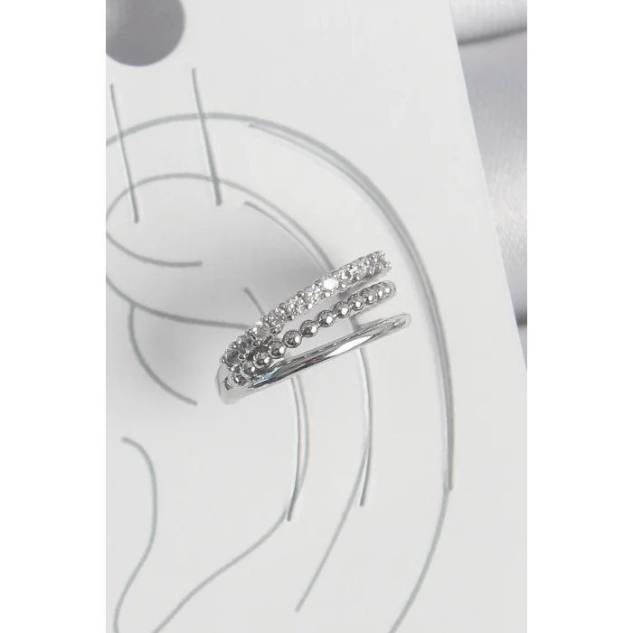 Pirinç Gümüş Renk Zirkon Taşlı 3Lü Sıralı Model Kadın Kıkırdak Küpe