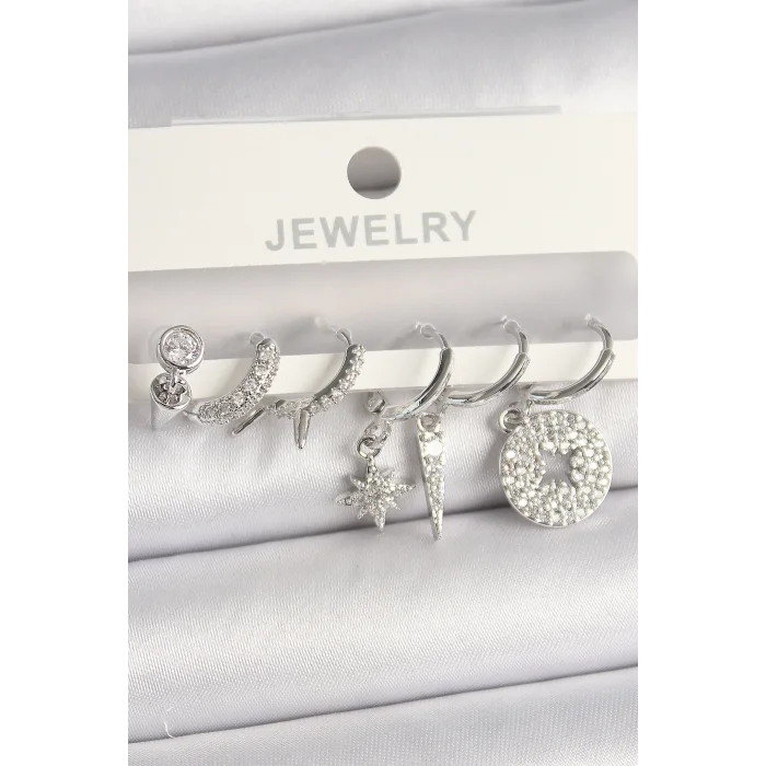 Pirinç Gümüş Renk Zirkon Taşlı Çoklu Figür Kadın Küpe Seti