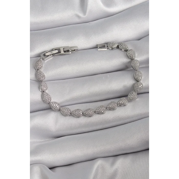 Pirinç Gümüş Renk Zirkon Taşlı Damla Model VIP Seri Kadın Bileklik