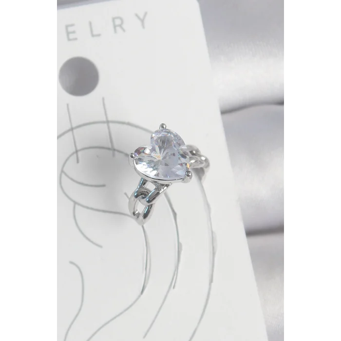 Pirinç Gümüş Renk Zirkon Taşlı Kalp Model Kadın Kıkırdak Küpe