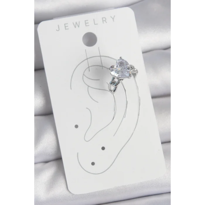 Pirinç Gümüş Renk Zirkon Taşlı Kalp Model Kadın Kıkırdak Küpe