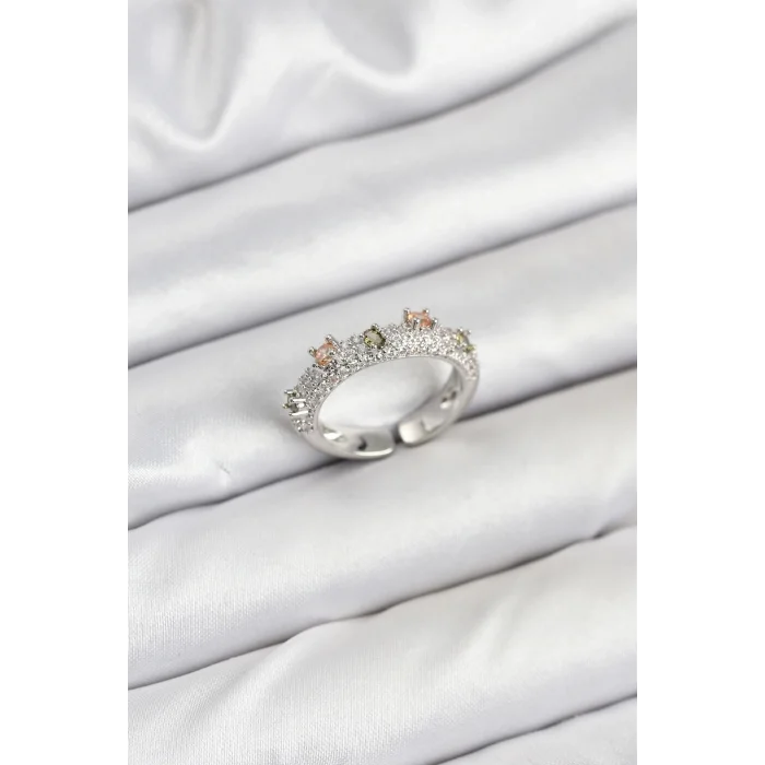 Pirinç Gümüş Renk Zirkon Taşlı Vintage Kadın Yüzük