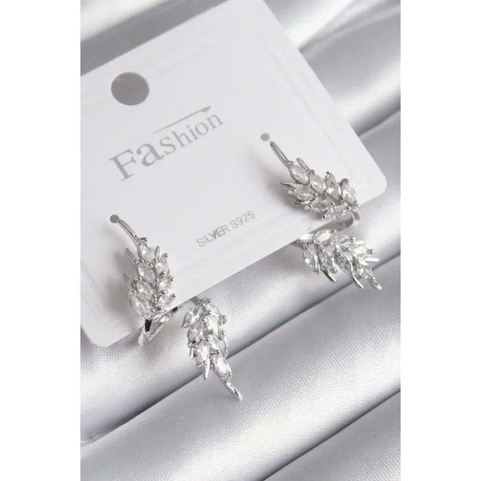Pirinç Gümüş Renk Zirkon Taşlı Yaprak Model Kadın Küpe