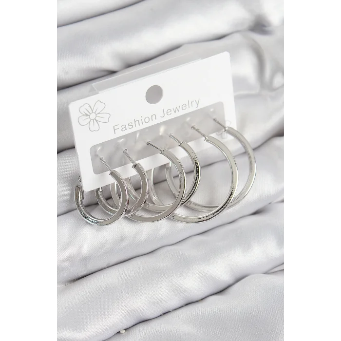 Pirinç Halka Model Gümüş Renk Kadın Set Küpe