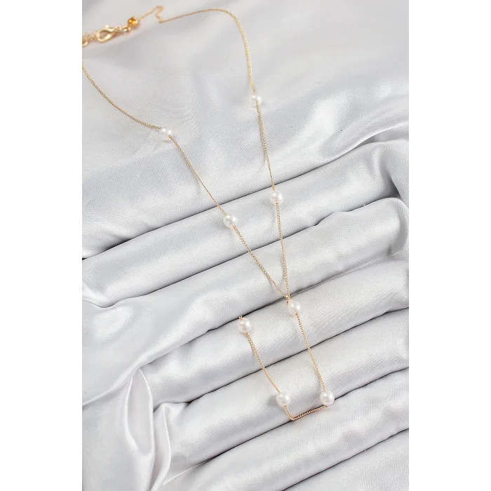 Pirinç İnci Figürlü Y Model Gold Renk Kadın Kolye