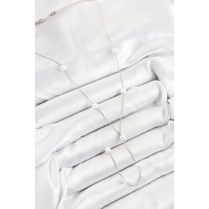 Pirinç İnci Figürlü Y Model Gümüş Renk Kadın Kolye