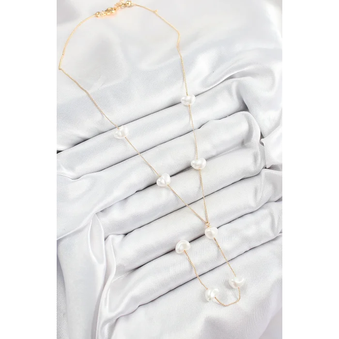 Pirinç İncili Kalp Figürlü Y Model Gold Renk Kadın Kolye