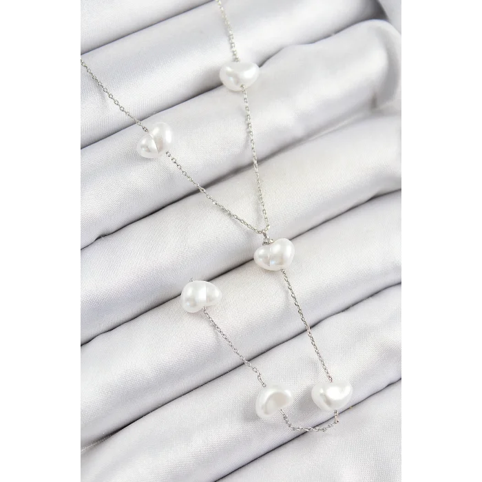 Pirinç İncili Kalp Figürlü Y Model Gümüş Renk Kadın Kolye