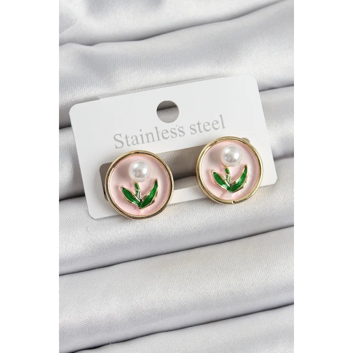 Pirinç Pembe Mineli Lale Figürlü Sanatsal Portre Model Gold Renk Kadın Küpe