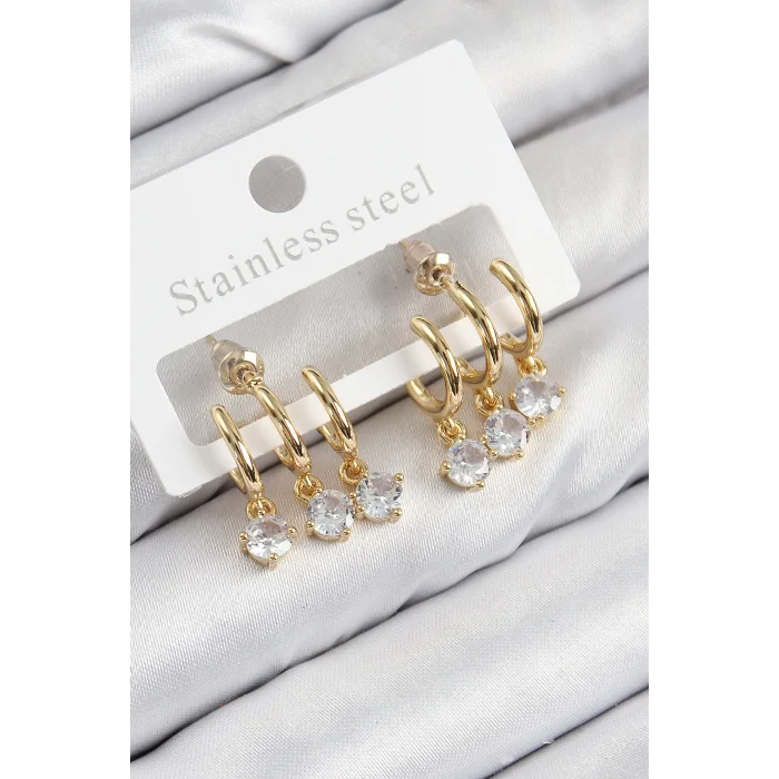 Pirinç Sallantılı Zirkon Taşlı Model Gold Renk Kadın Küpe