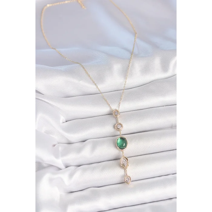 Pirinç Zincir Zümrüt Yeşil Gold Renk Zirkon Taşlı Y Kolye