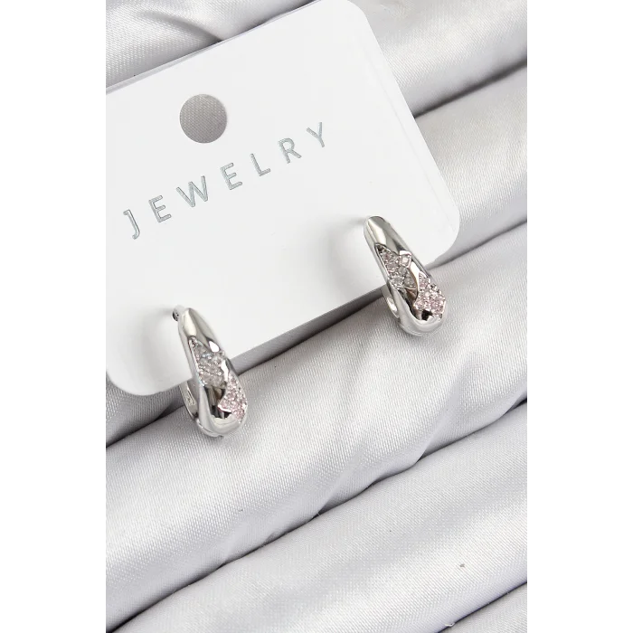 Pirinç Zirkon Taş Desenli Model Gümüş Renk Kadın Küpe