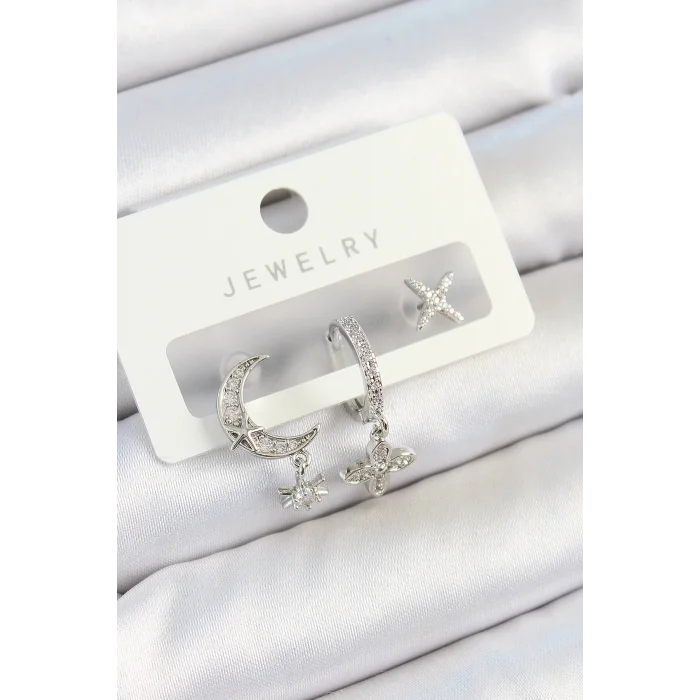Pirinç Zirkon Taşlı Çiçek Ve Ay Model Gümüş Renk 3lü Çift Kadın Küpe Set