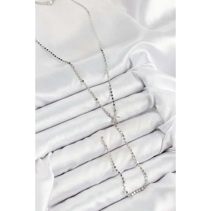 Pirinç Zirkon Taşlı Ezme Zincirli Deniz Yıldızı Model Gümüş Renk Y Kolye