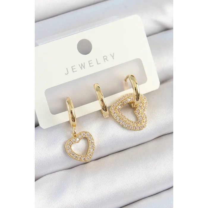 Pirinç Zirkon Taşlı Kalp Model Gold Renk 3lü Çift Kadın Küpe Set