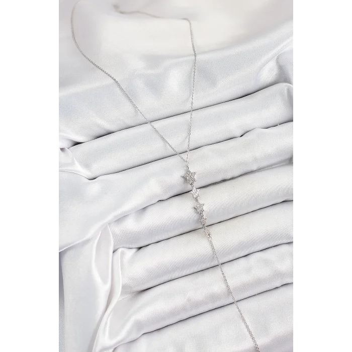 Pirinç Zirkon Taşlı Sıralı Yıldız Figürlü Y Model Gümüş Renk Kadın Kolye