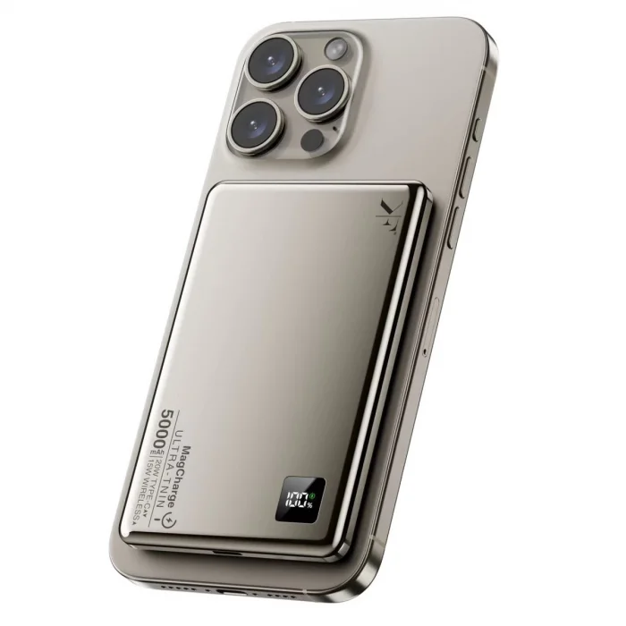 Pw555 5.000 Mah Dijital Göstergeli 18w Type-c Ve 15w Kablosuz Şarj Pd Hızlı Şarj Magsafe Powerbank - Titanyum