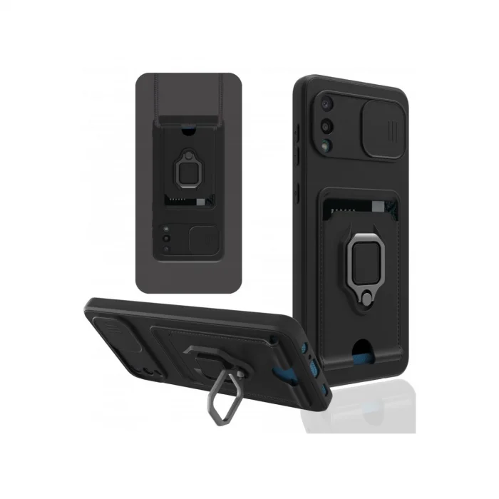 Samsung Galaxy A02 Kılıf Zuma Kartvizitli Yüzüklü Silikon - Siyah