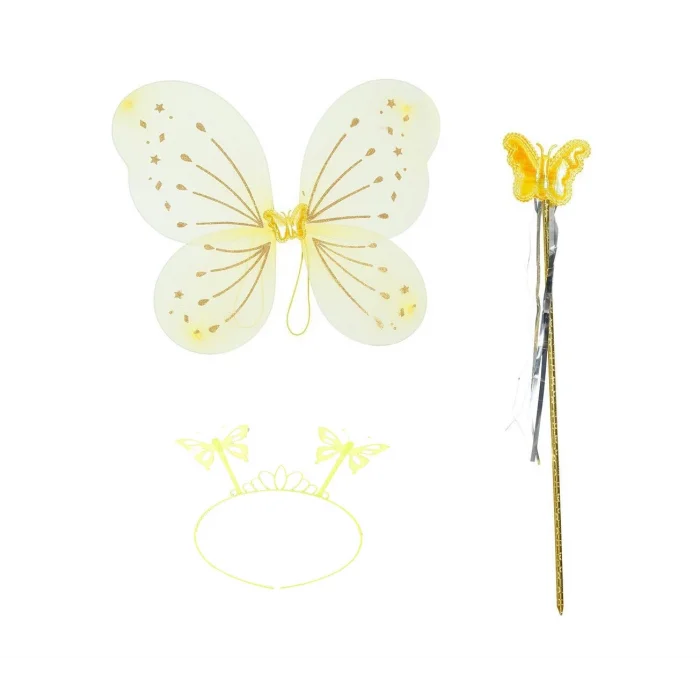 Sarı Kelebek Erkek-kız Seti – 50 Cm Kelebek Kanadı, Taç Ve Asa