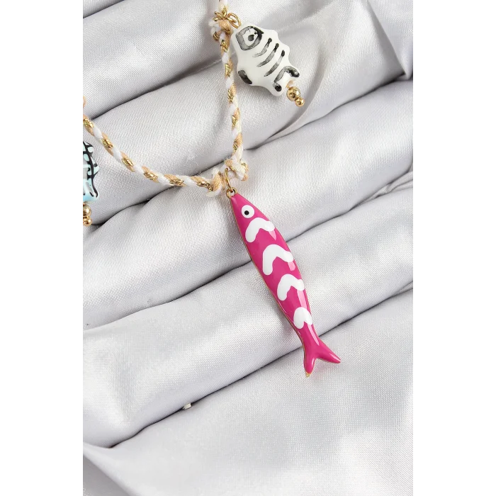 Seramik Motifli Pembe Balık Figürlü Model Krem İp Kadın Kolye