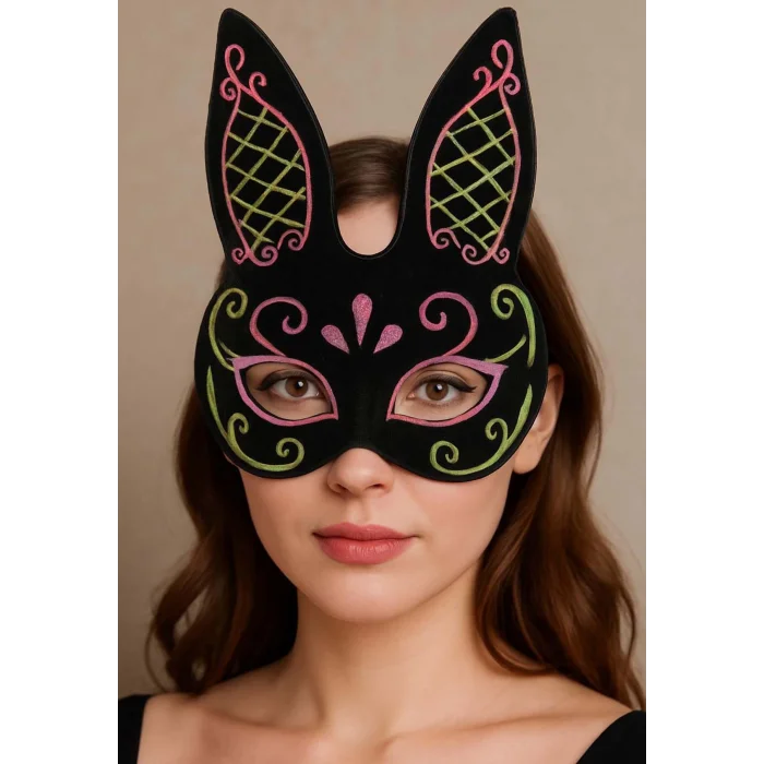 Siyah Renk Pembe Gold Simli Siyah Süet Kaplama Tavşan Maskesi 18x16 Cm