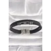 316L Çelik Gümüş Renk Gemi Dümeni Figür Siyah Burgu Deri Kordon Model Erkek Bileklik