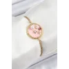 316L Çelik Zincir Pembe Mineli Sanatsal Portre İnci Detaylı Çiçek Model Gold Renk Kadın Bileklik